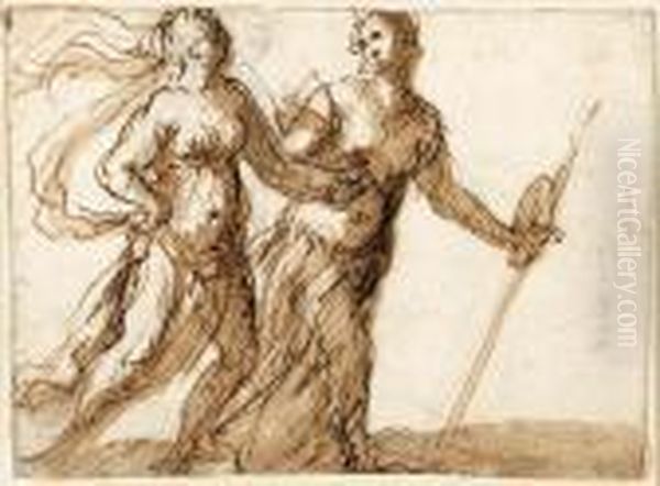 Two Female Mythological Figures In Procession To The Right Oil Painting by Acopo D'Antonio Negretti (see Palma Giovane)