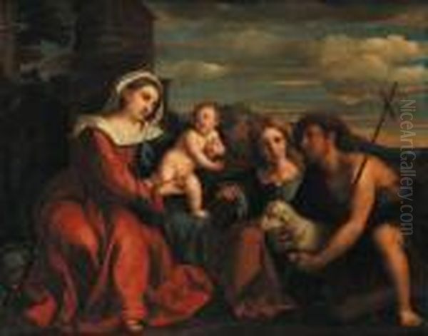 The Madonna And Child With Saint Catherine Of Alexandria And Saintjohn The Baptist Oil Painting by Acopo D'Antonio Negretti (see Palma Giovane)