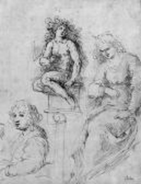 Portrait Of Adriana Negretti, 
The Artist's Wife, Seated On A Chair,and Studies Of Bacchus And A Seated
 Woman Oil Painting by Acopo D'Antonio Negretti (see Palma Giovane)