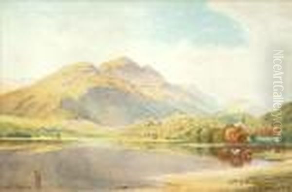 Cattle By A Loch In A Mountainous Landscape Oil Painting by Harry Sutton Palmer