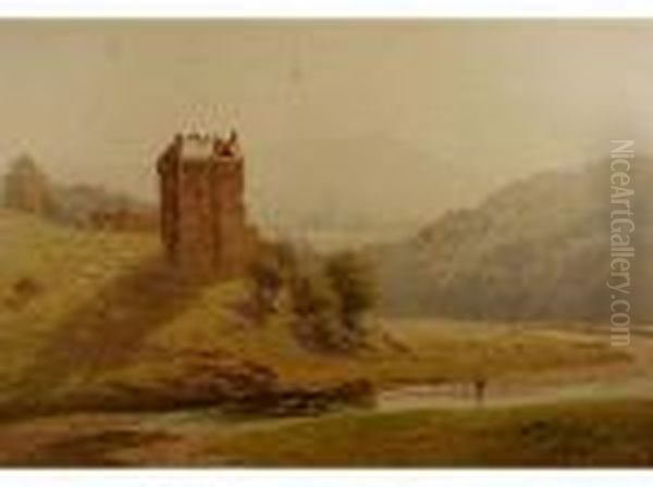 Neidpath Castle Near Peebles Oil Painting by Harry Sutton Palmer