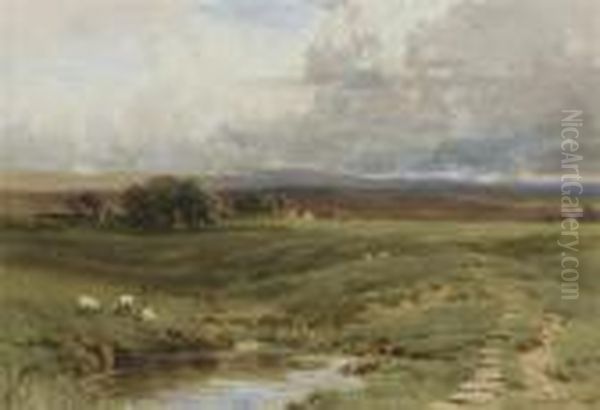 Sheep Grazing Below The Moors Oil Painting by Harry Sutton Palmer