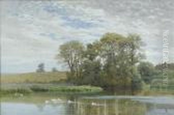 Tranquilsummer River Landscape, With Ducks, A Farm In The Woodland Beyond Oil Painting by Harry Sutton Palmer