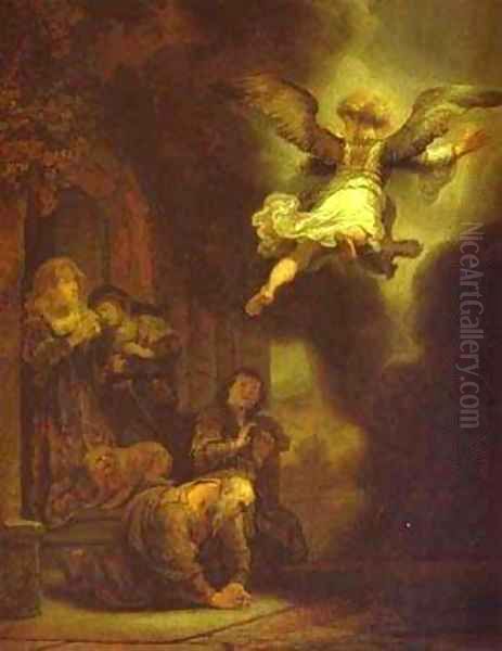 The Archangel Leaving The Family Of Tobias 1637 Oil Painting by Harmenszoon van Rijn Rembrandt