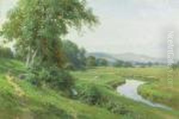 An Extensive River Landscape With A Young Girl Balancing On Agate Oil Painting by Harry Sutton Palmer