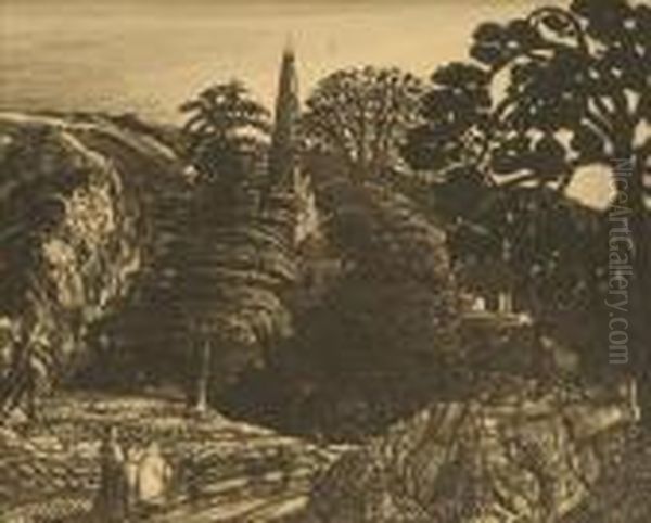 Eventide,figures Approaching A Church Oil Painting by Samuel Palmer