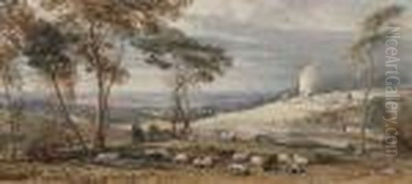 Landscape With Sheep And Cattle And A Windmill In The Distance Oil Painting by Samuel Palmer