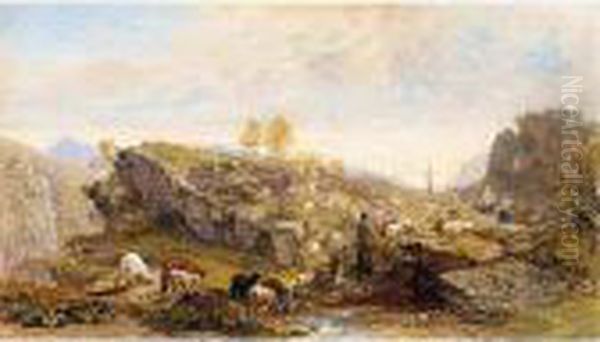 Rustics With Sheep And Goats In A Rocky Landscape Oil Painting by Samuel Palmer