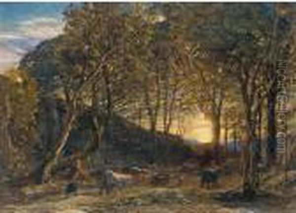 Landscape With Peasant Girl Minding Cattle: Evening Oil Painting by Samuel Palmer