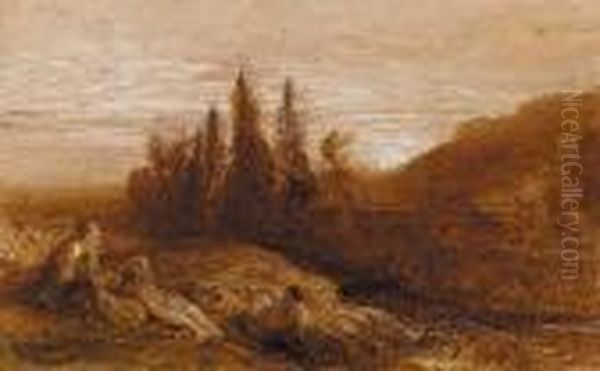 Figures Resting On A Bank Above A River At Sunset Oil Painting by Samuel Palmer