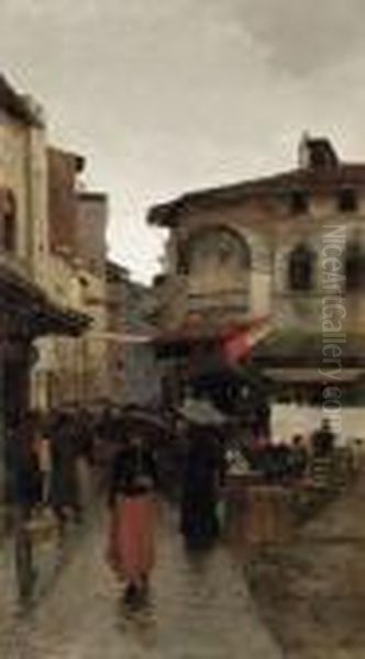 Firenze. Giorno Di Pioggia Al Mercato Vecchio. Oil Painting by Ruggero Panerai