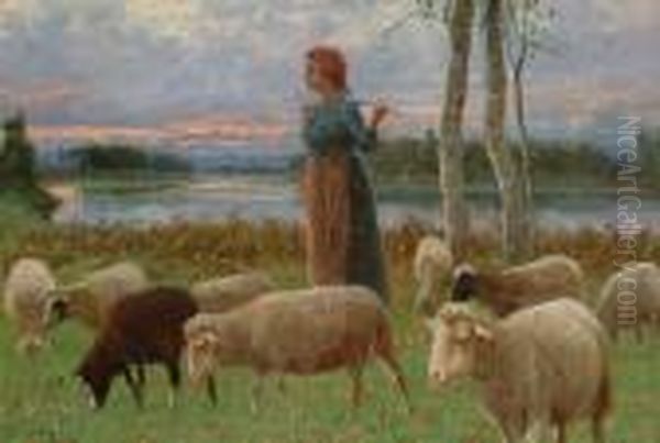 A Young Shepherdess With Her Flock At Dusk Oil Painting by Ruggero Panerai