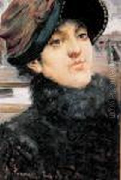 Busto Di Giovin Signora Con Cappello Oil Painting by Ruggero Panerai