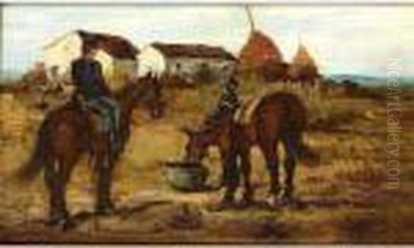 Cavalrymen At Rest Oil Painting by Ruggero Panerai