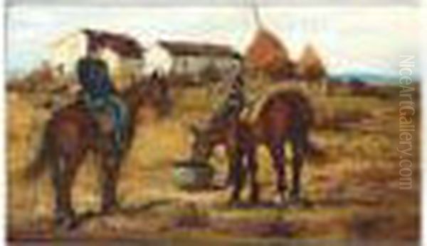 Cavalrymen At Rest, Strengthened
 Signature, Oil On Board, 11.5 X 19 Cm.; 4 1/2 X 7 1/2 In Oil Painting by Ruggero Panerai