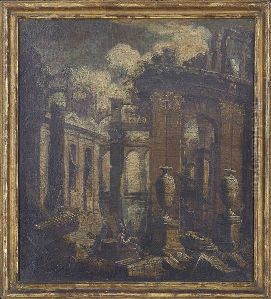 An Artist Sketching In Amongst Architectural Ruins Oil Painting by Giovanni Niccolo Servandoni