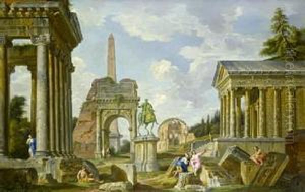 With The Temple Of Saturn, The 
Arch Of Titus, The Temple Of Minerva Medica And The Temple Of Fortuna 
Virilis Oil Painting by Giovanni Niccolo Servandoni