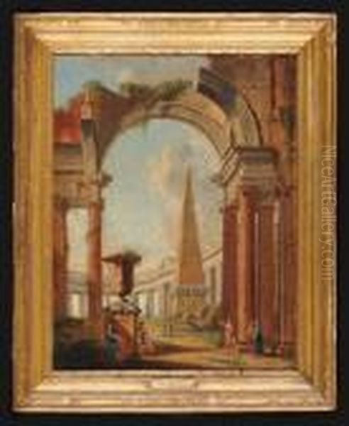 Capriccio Di Rovine Romane Con Soldati E Altre Figure Oil Painting by Giovanni Niccolo Servandoni