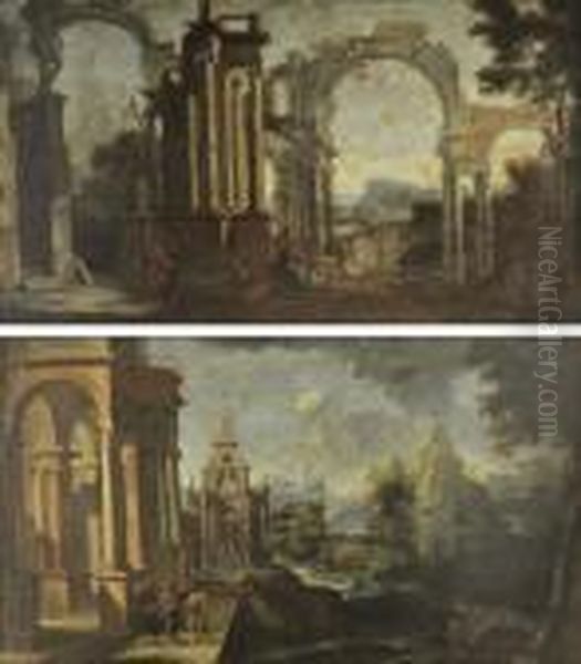 A Fluvial Architectural Capriccio With Christ Healing The Blind Man Oil Painting by Giovanni Niccolo Servandoni