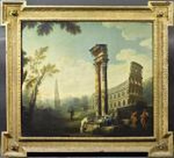 A Classical 
Capriccio 
 With Figures Amongst Ruins Oil Painting by Giovanni Niccolo Servandoni