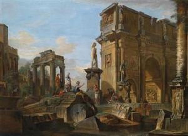 A Capriccio With Roman Ruins And The Arch Of Constantine Oil Painting by Giovanni Niccolo Servandoni