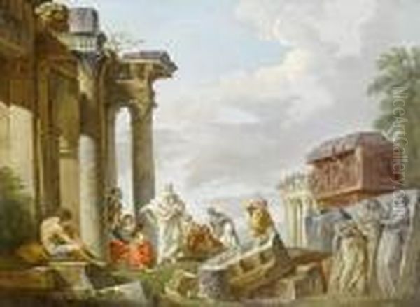 A 
Capriccio With Classical Figures Among Roman Ruins, Including Trajan's Column And The Equestrian Statue Of Marcus Aurelius Oil Painting by Giovanni Niccolo Servandoni