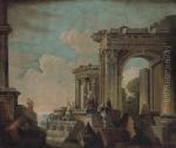 An Architectural Capriccio With Figures Conversing Amongstclassical Ruins Oil Painting by Giovanni Niccolo Servandoni