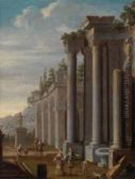 An Architectural Capriccio Of Ruins Withfigural Staffage Oil Painting by Giovanni Niccolo Servandoni