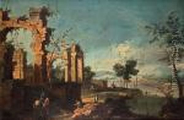 Landscape With Ruins And Figure Staffage Oil Painting by Giovanni Niccolo Servandoni