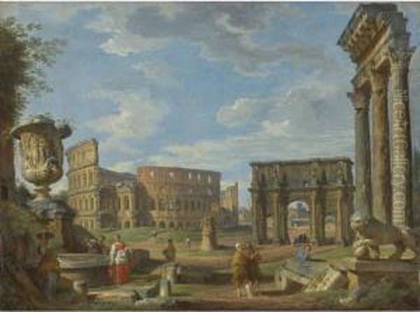 Capriccio Of Roman Monuments With The Colosseum And Arch Ofconstantine Oil Painting by Giovanni Niccolo Servandoni