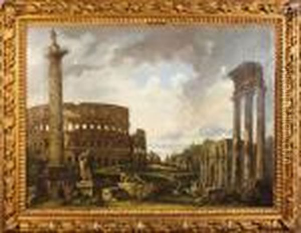 Caprice D'architecture Avec Le Colisee, La Colonne Trajane Et L'arcde Constantin Oil Painting by Giovanni Niccolo Servandoni