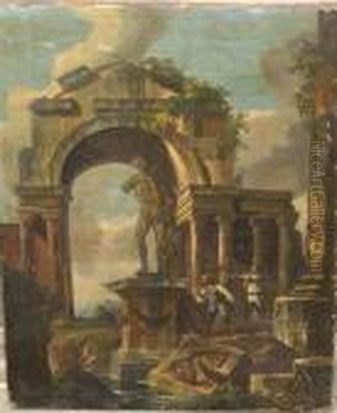 Soldiers Inspecting An Ancientmonument Oil Painting by Giovanni Niccolo Servandoni