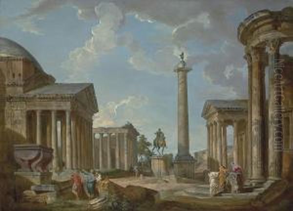 A Capriccio Of Roman Ruins With The Pantheon Oil Painting by Giovanni Niccolo Servandoni