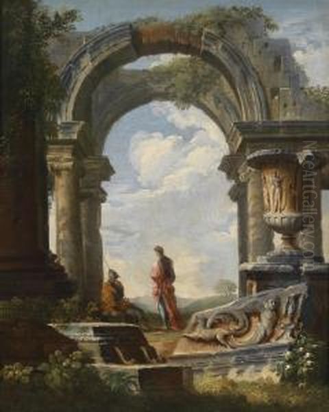 Twocapriccios Of Classical Ruins Oil Painting by Giovanni Niccolo Servandoni