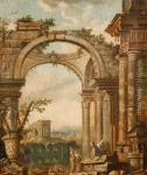 Figures Amongst Classical Ruins Oil Painting by Giovanni Niccolo Servandoni