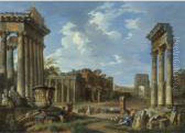 A View Of The Campo Vaccino With The Temple Of Jupiter Stator Oil Painting by Giovanni Niccolo Servandoni