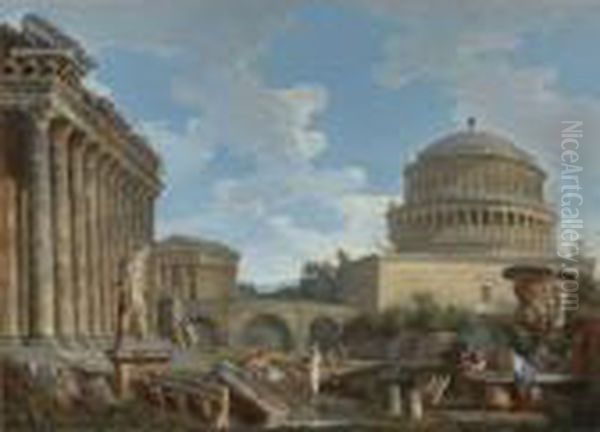 A Capriccio Of Hadrian's Mausoleum Oil Painting by Giovanni Niccolo Servandoni