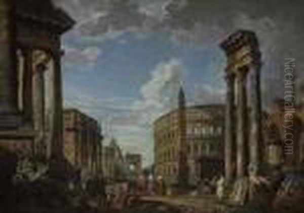 An Architectural Capriccio Oil Painting by Giovanni Niccolo Servandoni