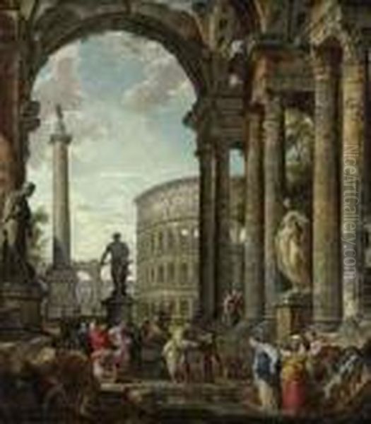 An Architectural Capriccio Oil Painting by Giovanni Niccolo Servandoni