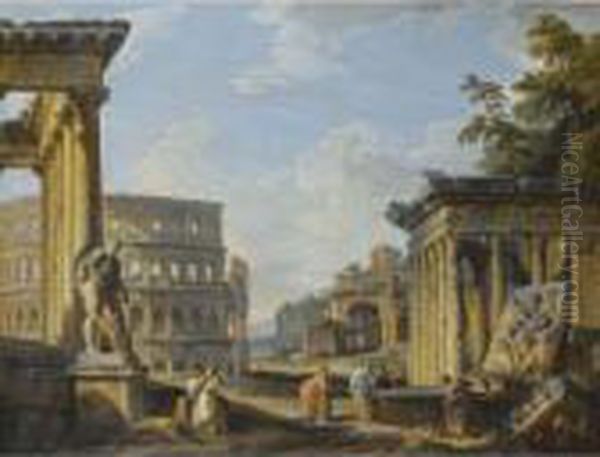 Capriccio Of Classical Ruins With The Temple Of Antonius Andfaustina Oil Painting by Giovanni Niccolo Servandoni