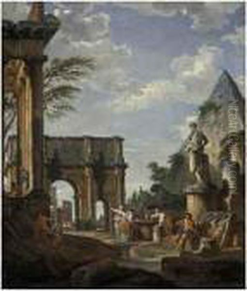 A Capriccio Of The Roman Forum, 
With The Arch Of Constantine, Thepyramid Of Cestius And The Colosseum 
Beyond, Figures By A Fountainin The Foreground Oil Painting by Giovanni Niccolo Servandoni