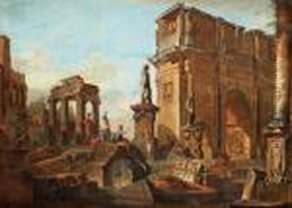 Capriccio With Figures At The Roman Ruins And Thearch Of Constantine Oil Painting by Giovanni Niccolo Servandoni