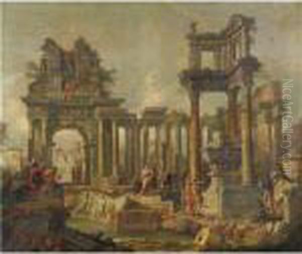 Capriccio Con Rovine E Figure Oil Painting by Giovanni Niccolo Servandoni