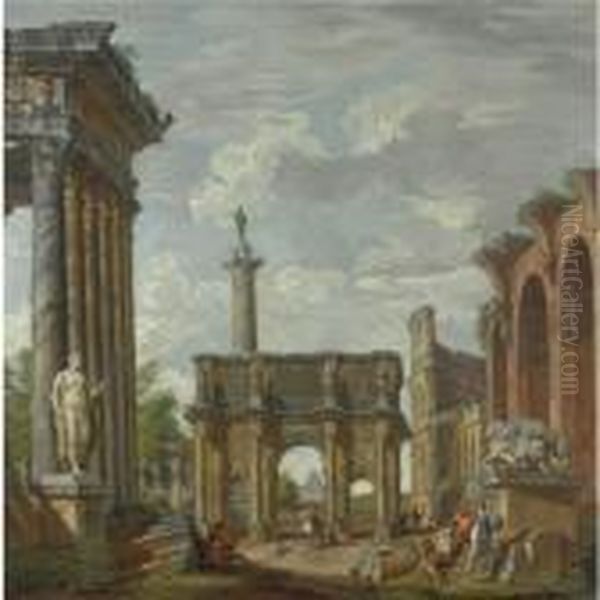 Capriccio Architettonico Con 
L'arco Di Costantino, Il Colosseo,la Basilica Di Massenzio, Il Tempio Di
 Antonino E Faustina, Lacolonna Traiana E Il Ponte Sant'angelo Oil Painting by Giovanni Niccolo Servandoni