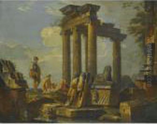 A Capriccio Of Classical Ruins, A
 Sarcophagus And A Temple Withwith A Soldier And Other Reclining 
Figures. Oil Painting by Giovanni Niccolo Servandoni