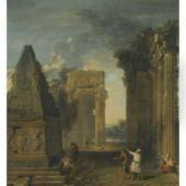 An Architectural Capriccio With Figures Beside Classical Ruins Oil Painting by Giovanni Niccolo Servandoni