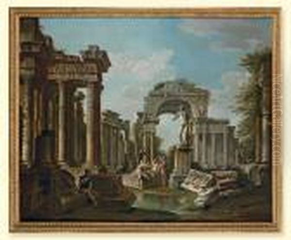 A Capriccio Of Roman Ruins With Villagers And A Statue Of Apollo Oil Painting by Giovanni Niccolo Servandoni