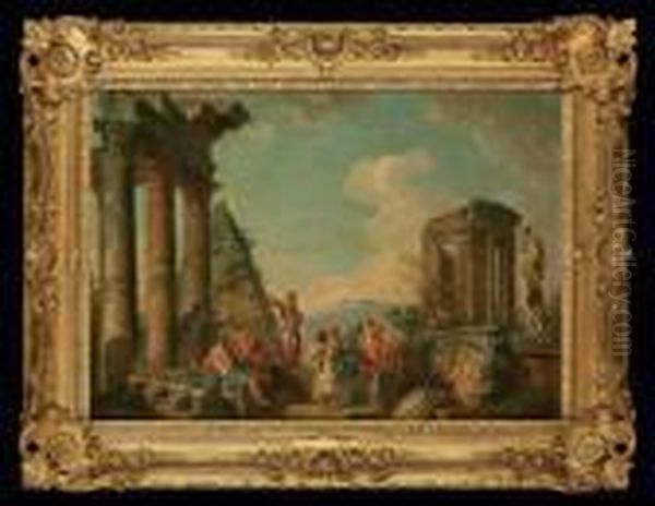 A Capriccio With Classical 
Figures Disputing Amongst Ruins, Thetemple Of The Sybil At Tivoli And 
The Pyramid Of Cestiusbeyond Oil Painting by Giovanni Niccolo Servandoni