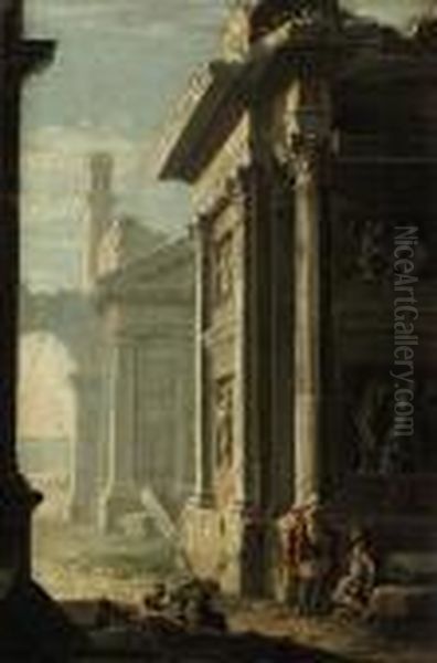 A Capriccio Of Classical Ruins With Figures Conversing Beneath Atemple Oil Painting by Giovanni Niccolo Servandoni