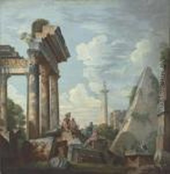 An Architectural Capriccio With The Pyramid Of Cestius And Trajan'scolumn Oil Painting by Giovanni Niccolo Servandoni